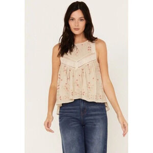 Cleo + Wolf Embroidered Halter Top Viscose Cotton Tan Khaki Size Small Women’s